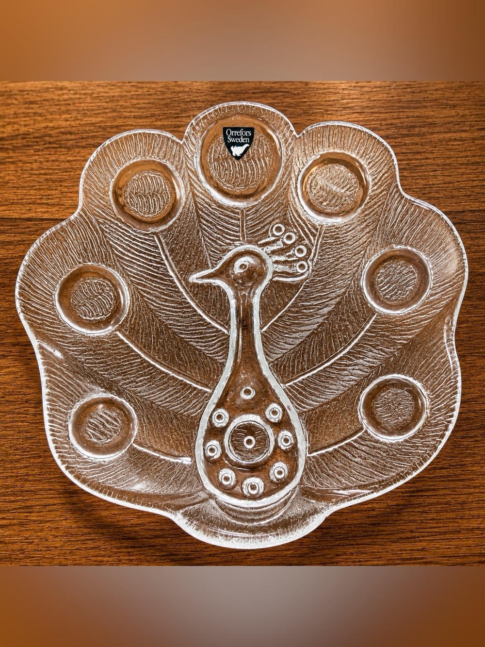 1970s Orrefors Sweden Peacock Glass Dessert/ Lunch Plates  Set (4) Scandinavian
